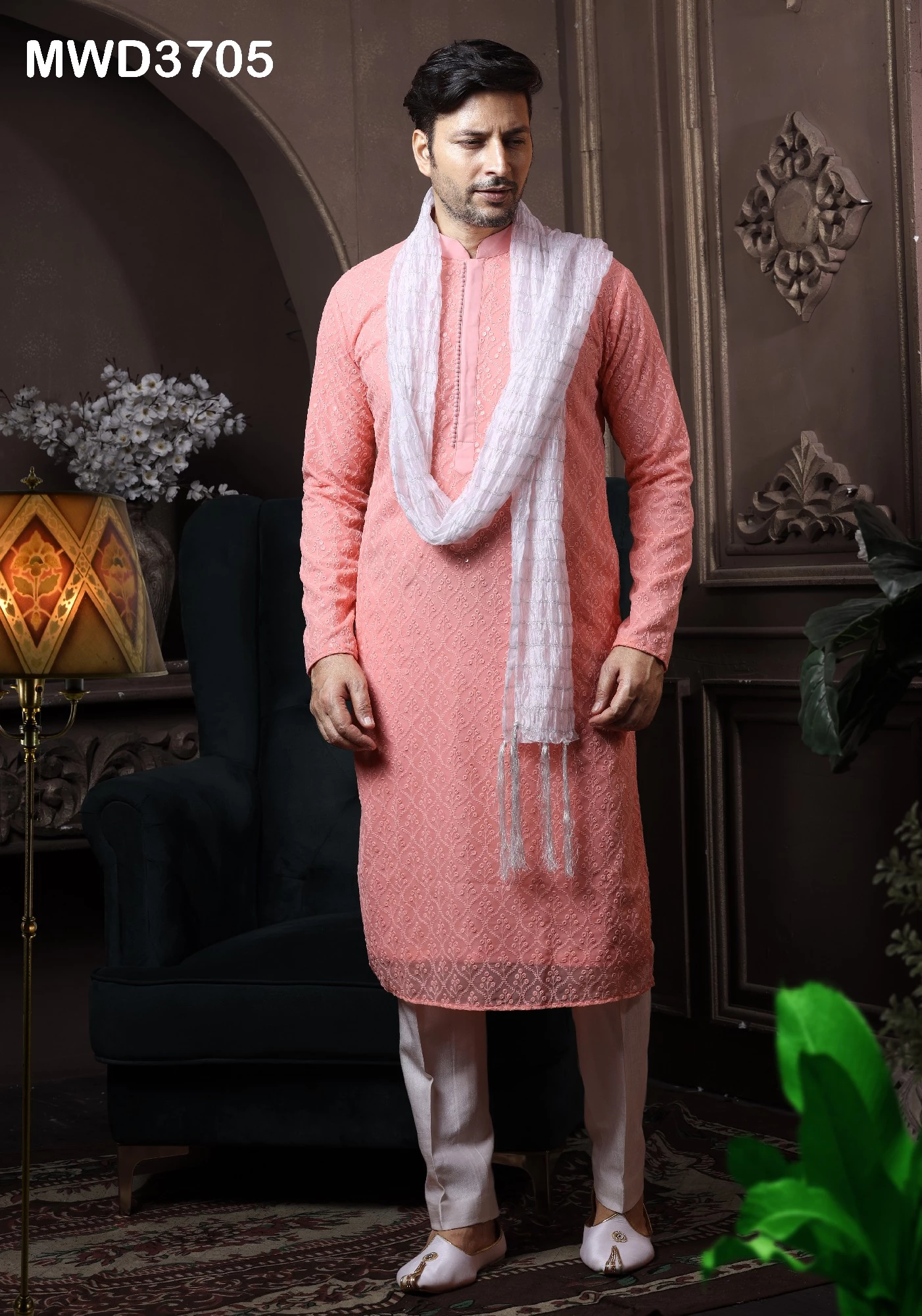 Readymade Peach Chikankari Kurta Pajama In Georgette, 36-1.webp